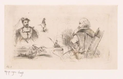 Edouard Hamman, Studieblad met portretten van onbekende mannen en een ridder te paard