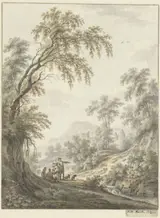 Johann Heinrich Müntz, Landschap met watervalletje en in de verte een kasteel