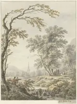 Johann Heinrich Müntz, Landschap met waterval en in de verte een kerk