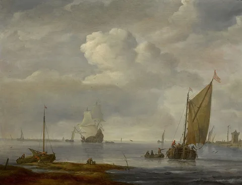 Arnoldus van Anthonissen, Coastal Scene with a Wijdschip Off-Shore, a Moored Pink, and a Man-O'-War at Anchor Beyond