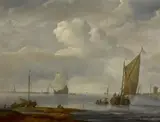 Arnoldus van Anthonissen, Coastal Scene with a Wijdschip Off-Shore, a Moored Pink, and a Man-O'-War at Anchor Beyond