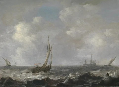 Arnoldus van Anthonissen, Boats on a choppy sea, in the background a frigate
