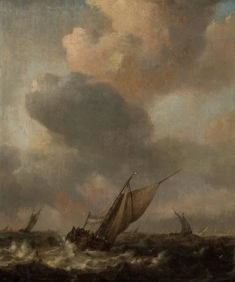 Arnoldus van Anthonissen, Fishing ships on choppy waters / A Tjalk in a stiff breeze