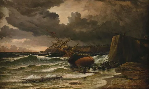 John Gibb, After the storm (Timaru Beach 1882, showing the wreck of the ships Benvenue and City of Perth, 1883)