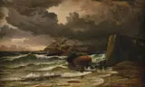 John Gibb, After the storm (Timaru Beach 1882, showing the wreck of the ships Benvenue and City of Perth, 1883)