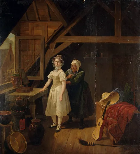 Constantinus Fidelio Coene, An interior scene with a maid sewing a lady into a corset.