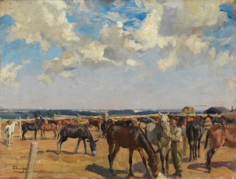 Algernon Talmage, Feeding Mules in the Corral