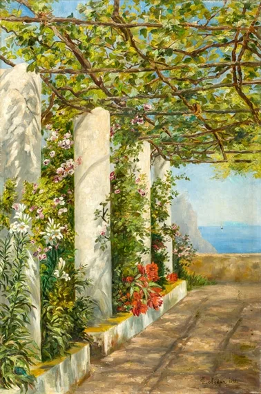 Clara Lobedan, Overgrown with wine and flowers pergola over the sea
