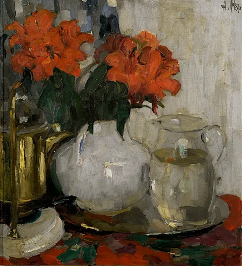 Adolf Höfer, stilllife with red flowers and a glass carafe