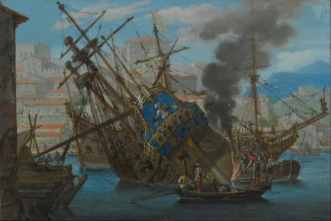Abraham Casembroot, Mediterranean Harbour with a Man-of-War being Caulked