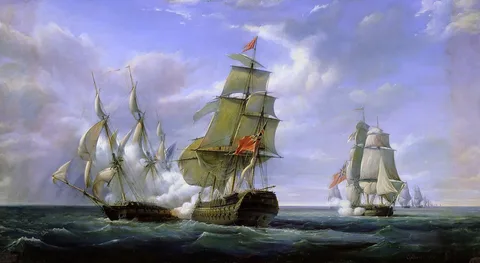 Pierre-Julien Gilbert, Fight of the British Third Rate 74-gun ship-of-the-line HMS Tremendous and HMS ''Hindostan against the French frigate Cannonière, 21 April 1806.