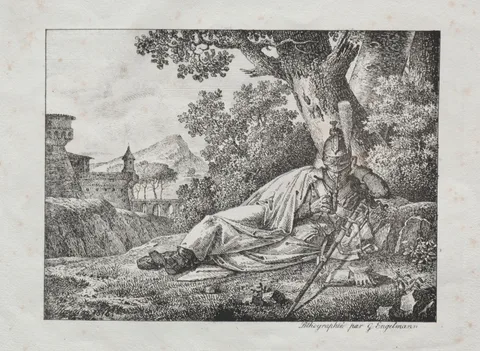 Pierre-Antoine Mongin, Receuil d'essais lithographiques:  Dragon fumant couche au pied d'un arbre