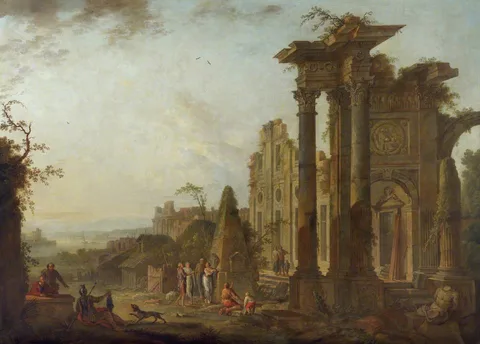 Jean-Baptiste Claudot, Antique Ruins with Figures and a Pyramid
