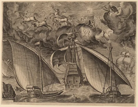 Frans Huys, Two Galleys behind an Armed Three-Master with Phaethon and Jupiter in the Sky