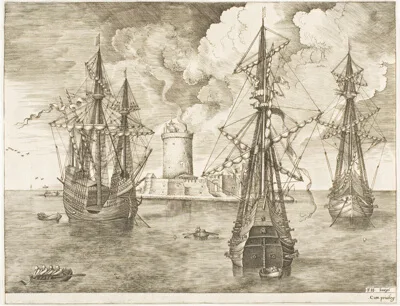 Frans Huys, Four-Master and Two Three-Masters Anchored near a Fortified Island with a Lighthouse, from The Sailing Vessels