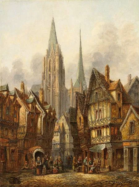 Pieter Cornelis Dommersen, A Gothic Cathedral in a Medieval City