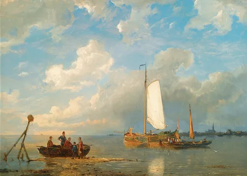 Pieter Cornelis Dommersen, Shipping in a Dutch Estuary at Low Tide
