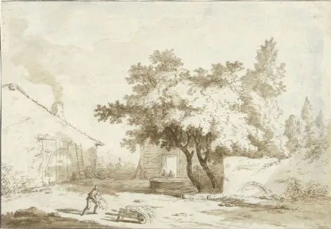 Charles Eschard, Boerenhoeve met grote bomen en mensen