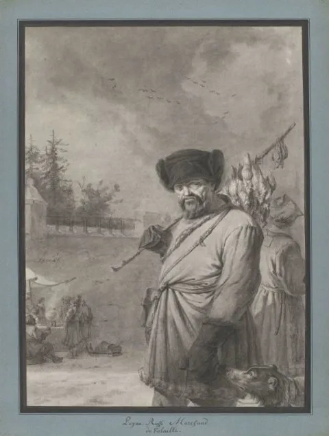 Charles Eschard, Russische boer met gedode vogels aan een stok