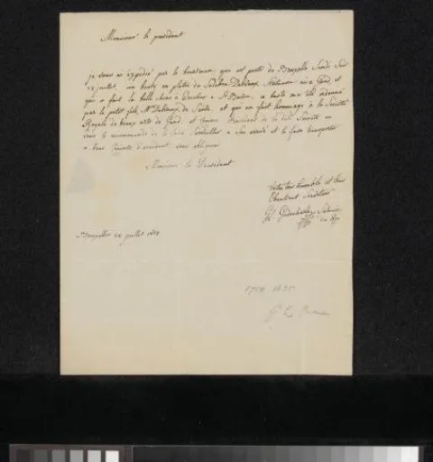 Gilles-Lambert Godecharle, Brief aan Pieter van Huffel, voorzitter van de Société des arts (Gent)