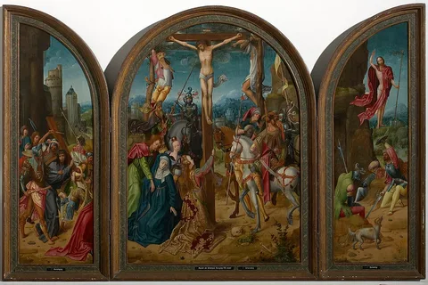 Adriaen van Overbeke, Tryptich of crucifixion with scenes of the carrying of the cross and the resurrection