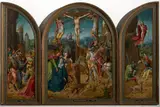 Adriaen van Overbeke, Tryptich of crucifixion with scenes of the carrying of the cross and the resurrection