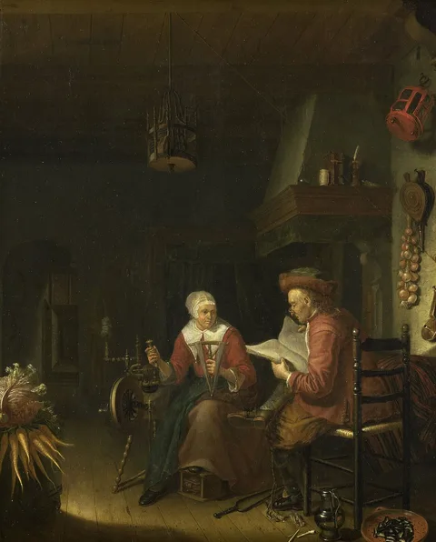 Domenicus van Tol, Interior with a man reading and a woman spinning yarn