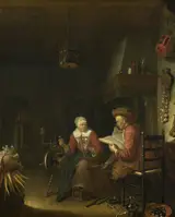 Domenicus van Tol, Interior with a man reading and a woman spinning yarn