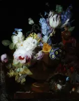 Georges Frédéric Ziesel, Still Life with Flowers in a Vase and a Bird's Nest
