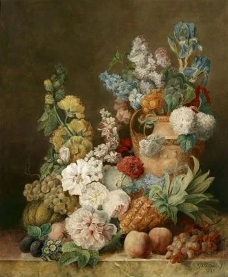 Georges Frédéric Ziesel, Flower piece with pineapple and pumpkin