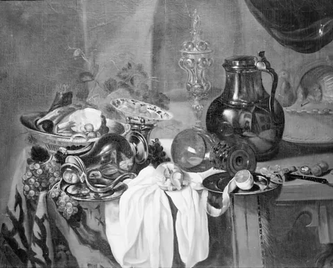 Cornelis Kruys, A Jug, Fruit, Food and other Things on a Table