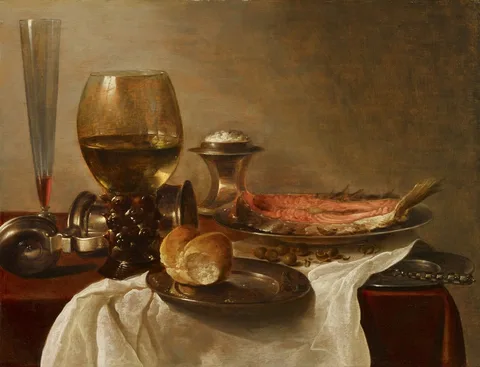 Cornelis Kruys, Still life with glass, bread and salmon