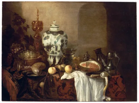 Cornelis Kruys, Still life with Ming vase, two goblets, pewter vessels and fruit
