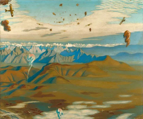 Sydney Carline, Among the Anti-Aircraft Bursts at 20,000 Feet above the Alps: A British Air Squadron Crossing the Anglo-Austrian Line along the River Piave, Italy