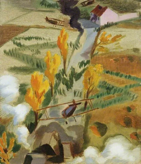 Sydney Carline, 'Sopwith Camel' Patrol Attacking Austrian Troops Retreating along the Road to Udine, Italy