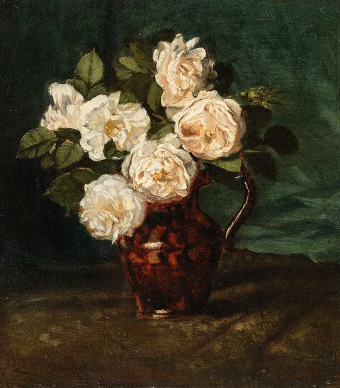 Cella Thoma, White roses in a bulbous jug