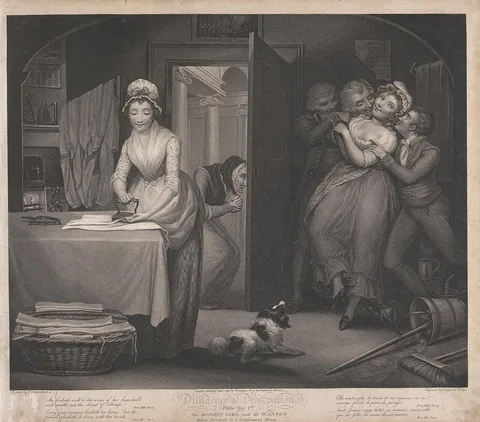 Thomas Gaugain, Diligence and Dissipation: The Modest Girl and the Wanton/ Fellow Servants in a Gentleman's House (Plate 1)