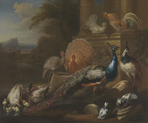 Marmaduke Cradock, Peacocks, Doves, Turkeys, Chickens and Ducks by a Classical Ruin