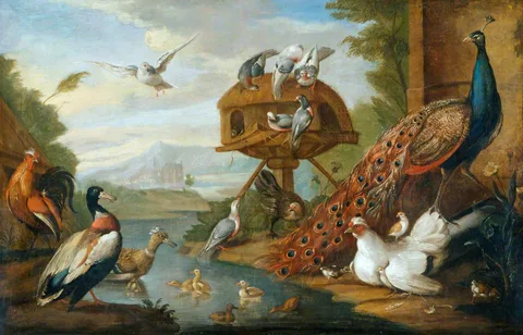 Marmaduke Cradock, Peacocks and Other Birds in a River Landscape