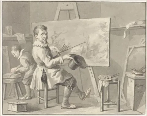 Martinus Schouman, Portret van Joost Corneliszn. Droochsloot in zijn atelier zittende achter een ezel met landschap
