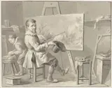 Martinus Schouman, Portret van Joost Corneliszn. Droochsloot in zijn atelier zittende achter een ezel met landschap
