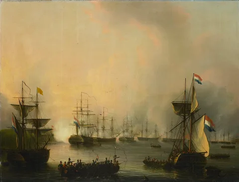 Martinus Schouman, Bombardment of Palembang, Sumatra, by the Dutch Fleet, 24 June 1821