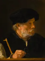 Karel van der Pluym, Old Man holding a Cane and Spectacles