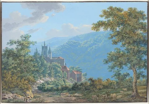 Jakob Wilhelm Hüber, A Fortress in a Mountain Landscape at Sunrise