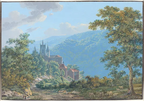 Jakob Wilhelm Hüber, A Fortress in a Mountain Landscape at Sunrise