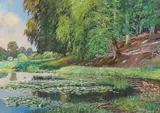 Hans Gyde Petersen, Forest scene with a pond and some water-lilies.
