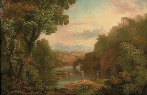 George Barret, Sr., A classical landscape with fishermen and a washerwoman, a hilltop villa and mountains beyond