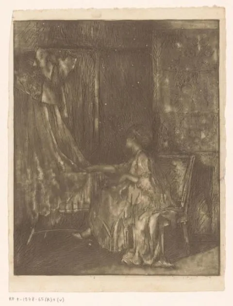 Albert Roelofs, Vrouw die op een stoel naast een wieg zit