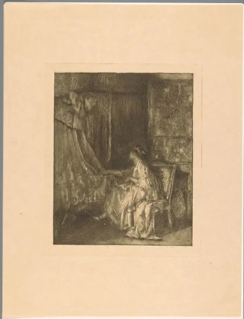 Albert Roelofs, Vrouw die op een stoel naast een wieg zit