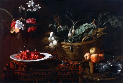 Giacomo Legi, Basket with vegetables, flower pot and a plate with strawberries on a table